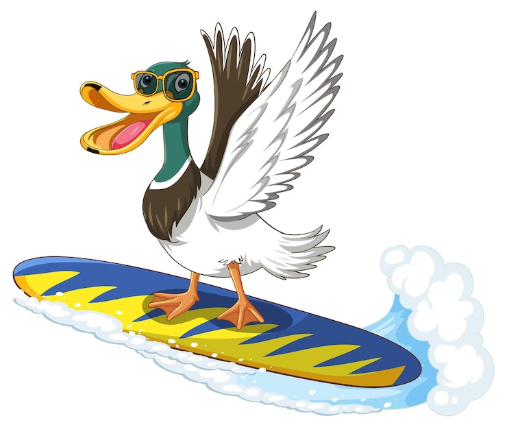 Free Vector cartoon duck surfing on wave