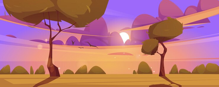Free Vector cartoon dusk nature landscape green field scene