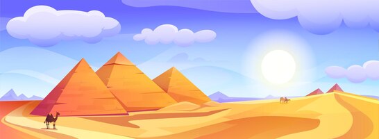 Cartoon egyptian landscape with egyptian pharaohs pyramids