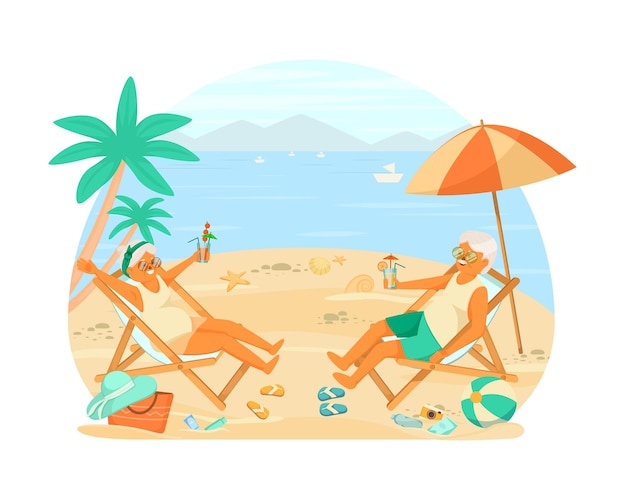 Бесплатное векторное изображение Мультфильм пожилых людей счастливая жизнь композиция пара отдыхает на пляже в купальных костюмах на шезлонгах иллюстрации