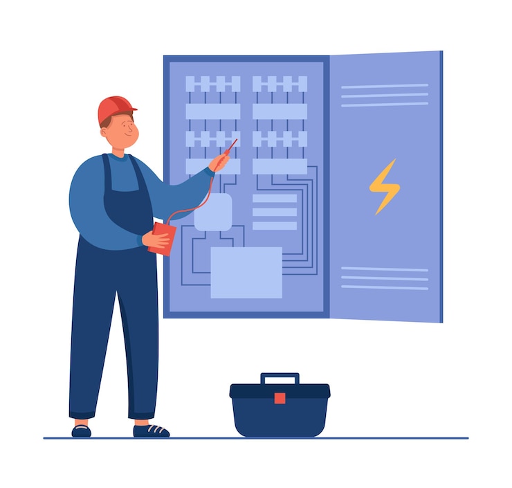 Free Vector cartoon electrician working with electric cabinet. technician fixing electrical panel board, circuit breaker or fuse box flat vector illustration. electricity, maintenance, service concept for banner
