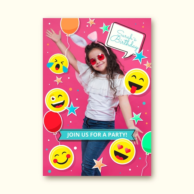 Free vector cartoon emoji birthday invitation template with photo