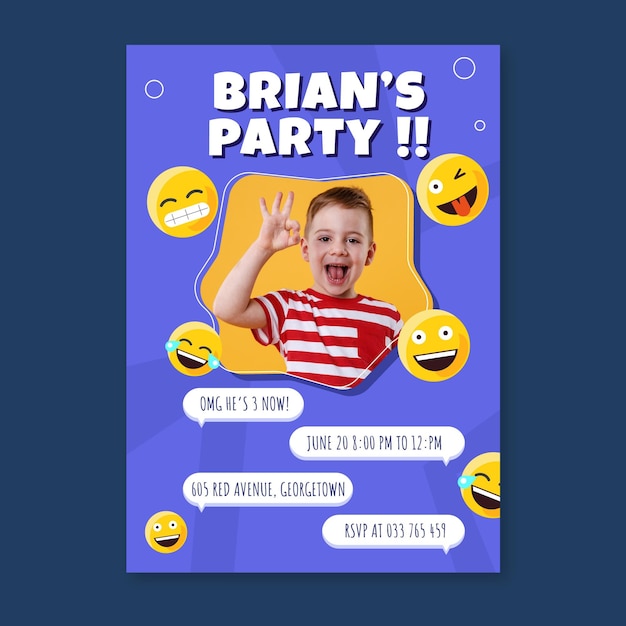 Free vector cartoon emoji birthday invitation template with photo