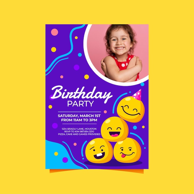 Cartoon emoji birthday invitation template with photo