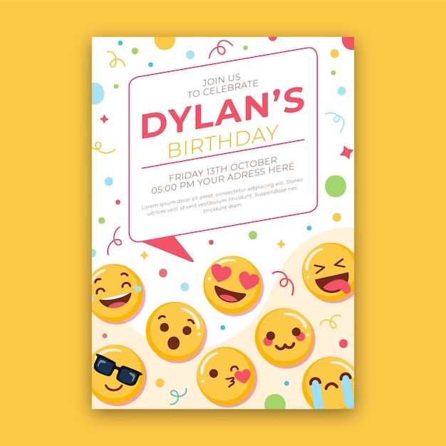 Vettore gratuito modello di invito di compleanno emoji del fumetto