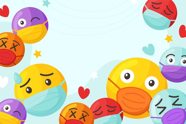 Free vector cartoon emoji with face mask background