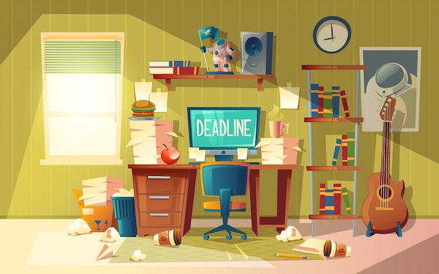 Cartoon empty home office in chaos - deadline concept, approaching finishing time.