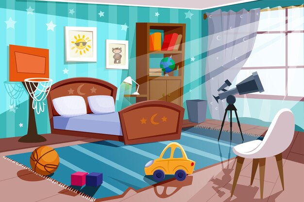 Cartoon empty kid boy bedroom with bed telescope and bookshelf