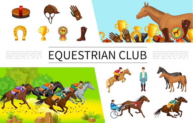 Free vector cartoon equestrian sport composition with jockeys riding horses on horseback and in chariot brush cap glove cup medal boot horseshoe