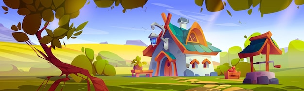 Free vector cartoon fairy tale house against green landscape