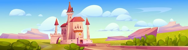 Cartoon fairy tale medieval castle vector kingdom landscape background path to princess palace fairytale fantasy game illustration road to magic nobility chateau with gate and tower in green valley