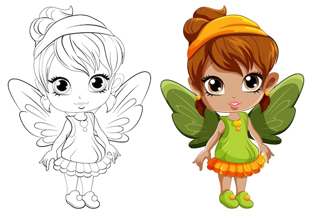 Cartoon fairy with wings and its doodle coloring character