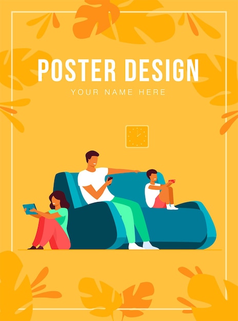 Free vector cartoon family sitting at home with gadgets isolated flat  illustration. mom, dad, kids or with children phones and tablets. lifestyle, problem and social media concept