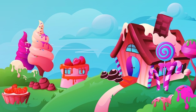 Cartoon fantasy candy land landscape background with sweet house and trees vector illustration