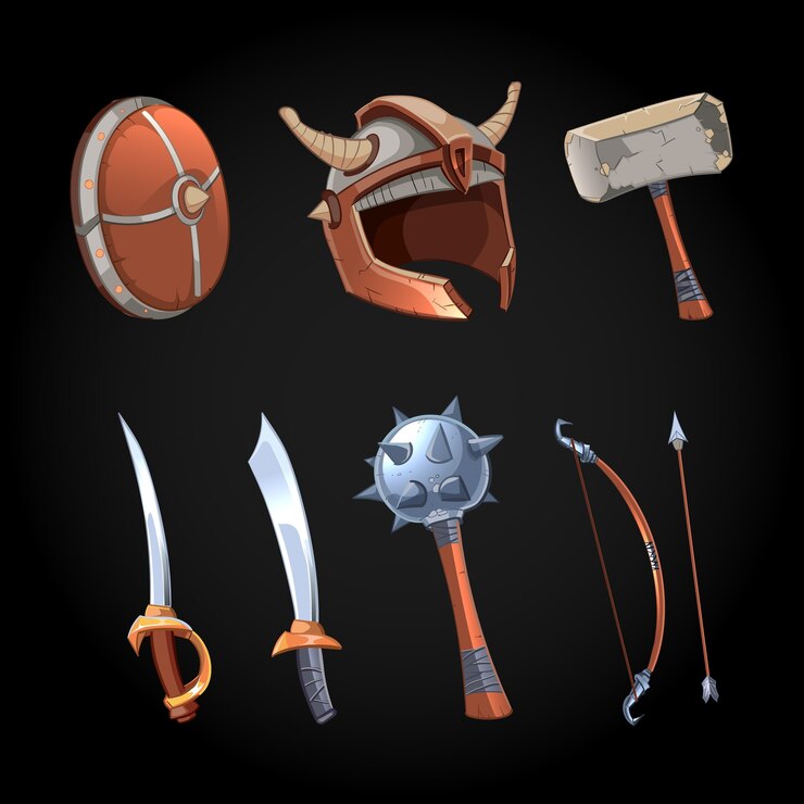 Free Vector cartoon fantasy weapons vector clipart set. mace and power dagger, ancient collection