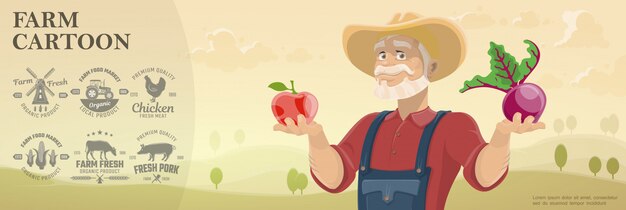 Мультяшный фон фермы и сельского хозяйства с монохромными эмблемами сельского хозяйства и фермер, держащий яблоко и свеклу на красивом полевом ландшафте