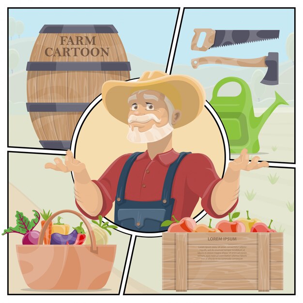 Cartoon farm colorful composition with ax saw watering can wooden barrel farmer crate of apples and basket of vegetables 