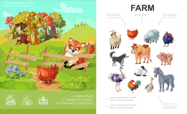 Composizione variopinta nell'azienda agricola del fumetto con differenti animali e volpe che esaminano pollo sul paesaggio della natura