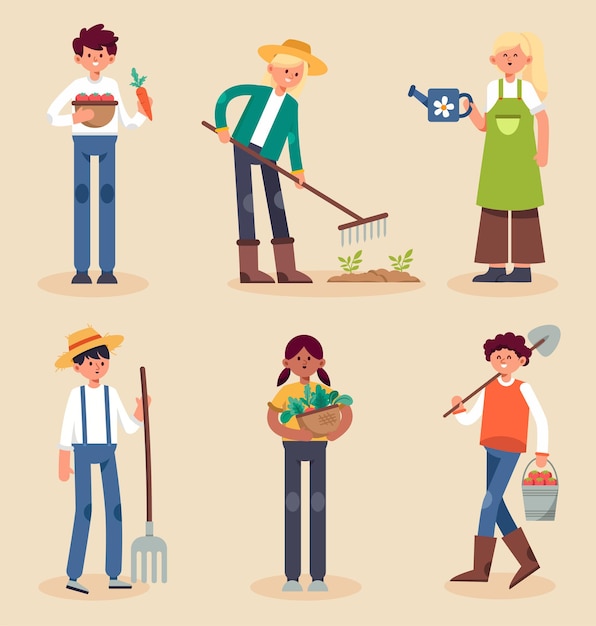 Free vector cartoon farmer characters agricultural work and harvest local products. set of announcement for seasonal agricultural fair isolated. design element for graphic designer use in artwork, website