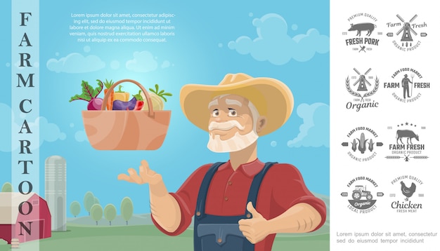Cartoon farming colorful composition with farmer basket of vegetables and farm monochrome design badges