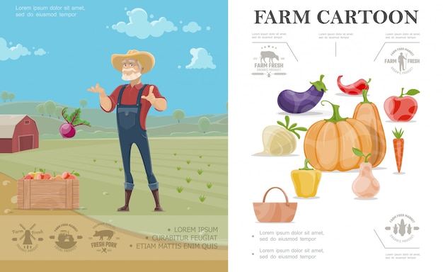 Cartoon agricoltura concetto colorato con melanzane ravanello zucca mela carota pepe pera e contadino sul paesaggio dell'azienda agricola