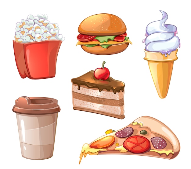 Insieme di clipart degli alimenti a rapida preparazione del fumetto. hamburger hamburger e pizza, sandwich e fastfood, patate fritte, popcorn e caffè