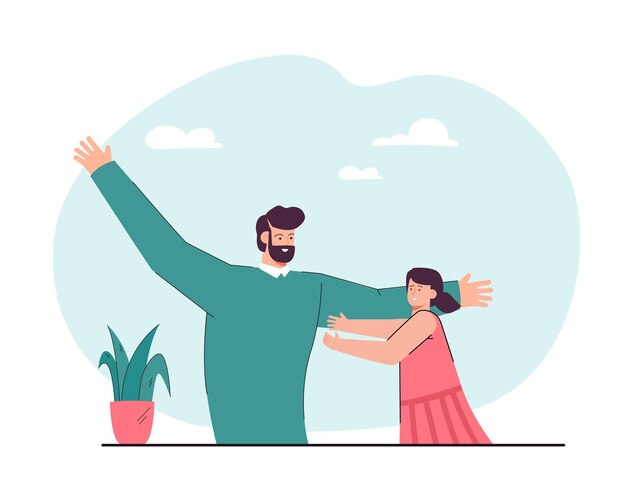 Cartoon father opening arms for daughter. Man hugging little girl flat vector illustration. Family, love, fatherhood, relationship, care concept for banner, website design or landing web page