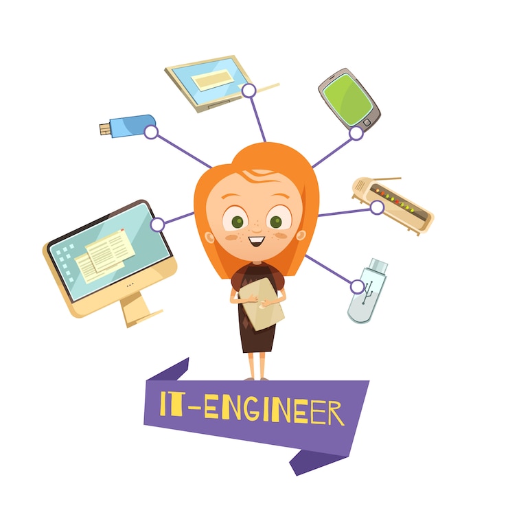 Free Vector cartoon female figurine of it engineer and data exchange tools icons set
