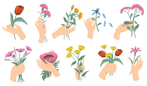 花の花束を保持している漫画の女性の手。チューリップ、カーネーション、新鮮な庭と野の花のセット。花、ロマンチックな装飾、植物の概念のベクトルイラスト