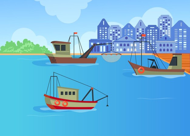 Мультфильм рыбацкие лодки в гавани плоской иллюстрации.
