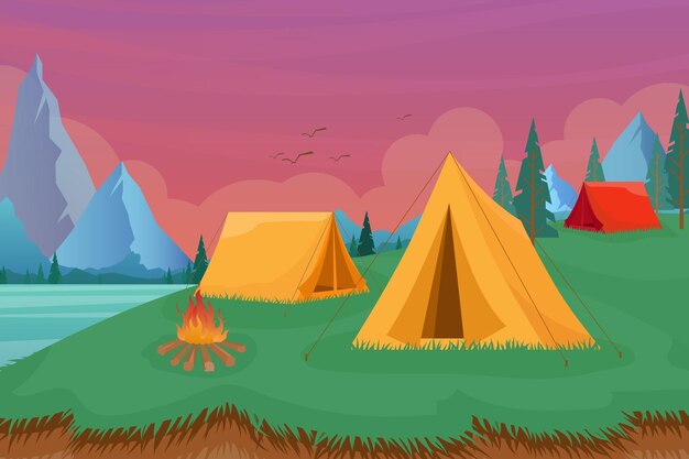 Cartoon flat tourist camp with picnic spot and tent among forest, mountain landscape