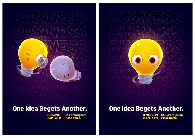 Cartoon flyers with funny light bulbs characters glowing, smiling, sleeping and searching solution with magnifying glass. Cute lamps express emotions creative invitation posters, Vector illustration