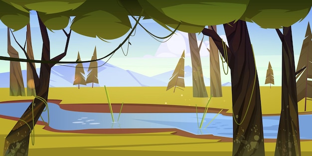 Бесплатное векторное изображение Мультяшный лесной фон с потоком ручья под зелеными деревьями с лианами вдоль зеленого травянистого берега. пейзаж дикой природы, красивый вид на пейзаж, летний или весенний лес с растениями, векторная иллюстрация