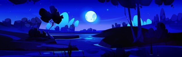 Cartoon forest with lake at night vector background Beautiful nature woods and pond landscape for fantasy outdoor game environment illustration Swamp in valley with hill under full moon in sky