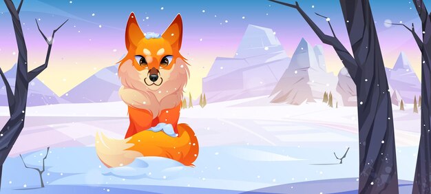 Cartoon fox in winter forest beautiful wild animal with ginger fur on nature background with falling snow bare trees and mountain peak Wood landscape with zoological character Vector illustration