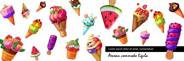 Cartoon fresh ice cream banner with icecream of various design with different fruits and berries flavors