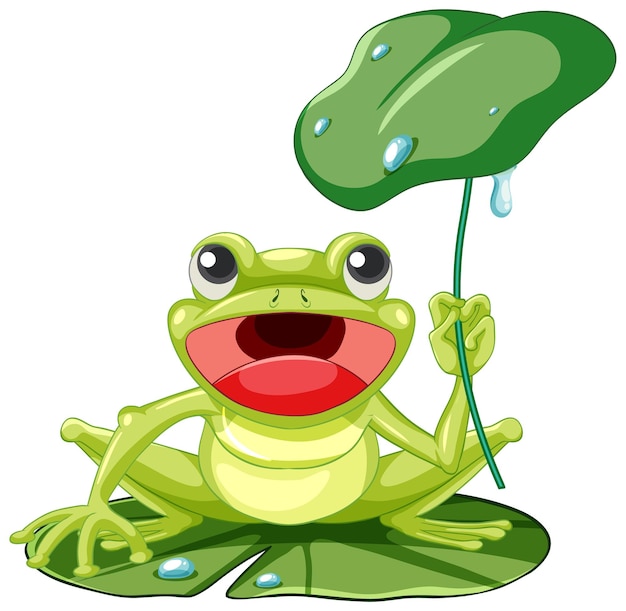 Cartoon frog holding lotus leaf