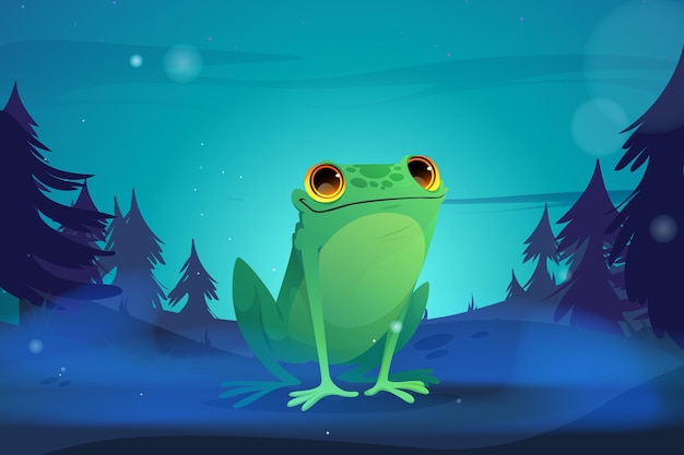 Cartoon frog in night forest wild funny toad