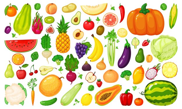 果物と野菜のコレクションの健康な食事の絵文字の配列 無料のベクター