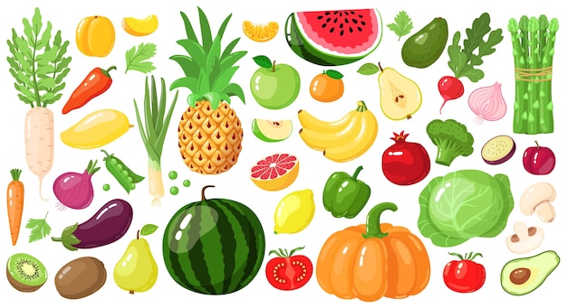 만화 과일과 야채. 채식주의 자 라이프 스타일 음식, 유기농 영양 야채 및 과일, 아보카도, 아스파라거스 및 망고 그림 세트. 수박과 파인애플, 사과와 바나나, 키위 과일 프리미엄 벡터