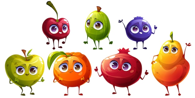 Cartoon fruits and berries characters cheerful fresh cherry gooseberry blueberry and apple mandarin garnet and pear kids menu personages with funny smiling faces waving hands Vector illustration