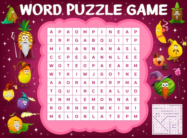 premium vector cartoon fruits wizards and sorcerer characters word search puzzle game quiz grid worksheet vector kids crossword with pineapple mango lemon plum orange and banana with kiwi quince or watermelon