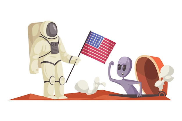 Cartoon funny alien angry with american astronaut in spacesuit