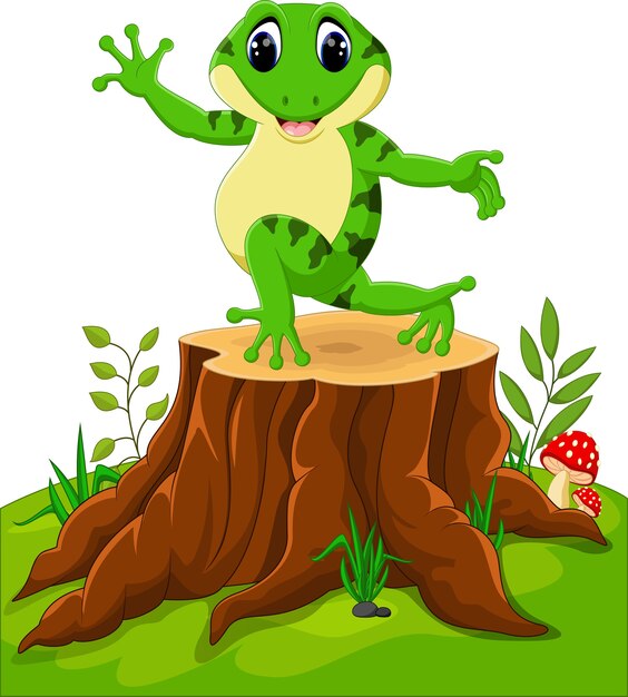 Free Cartoon Funny Frog Sitting On Tree Stump Vector - Get Of SVG