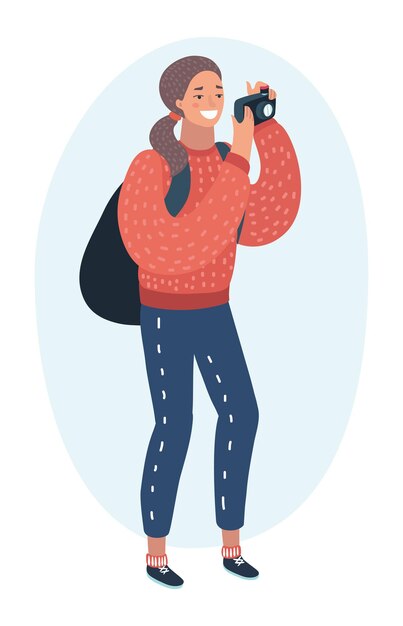 カメラで写真を撮る女性の漫画面白いイラスト プレミアムベクター