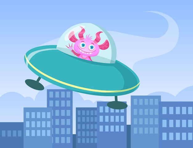 Free vector cartoon funny monster travelling in flying saucer. flat illustration.