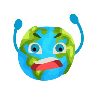 Cartoon furious earth planet emoji, humanized globe character with emotions colorful vector illustration on a white background