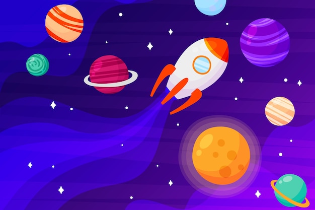 Cartoon galaxy background with rocket