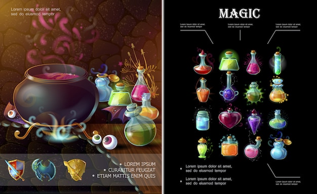Cartoon game elements composition with medieval weapons witch cauldron bottles and flasks of different colorful magic potions and elixirs