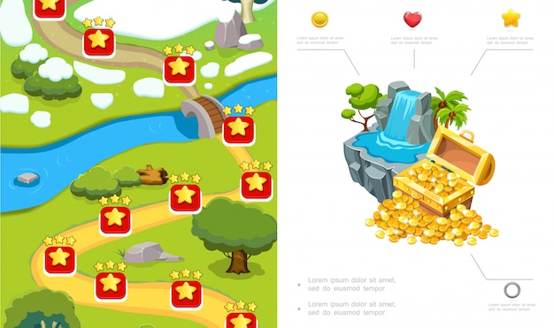 Cartoon game level design composition with route trees river\
stones waterfall treasure chest of gold coins